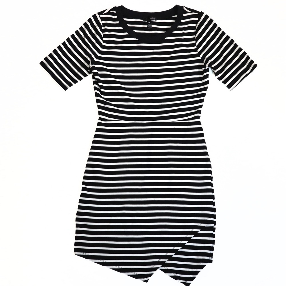 AQUA Mini Dress Womens S Black White Striped Asymmetrical Tulip Hem Casual